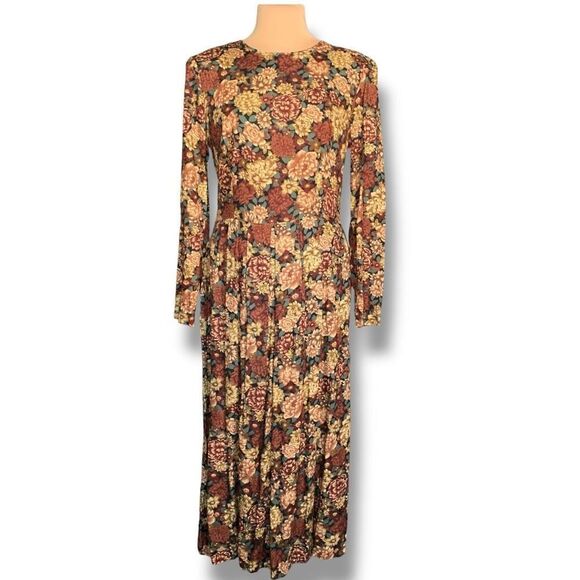 Vintage 90s Maxi Dress Brown Dark Granny Floral Printed Long Sleeve Flowy 10 - Picture 1 of 12